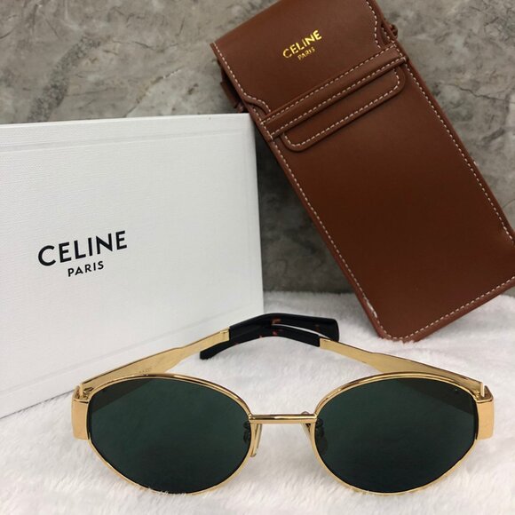 Celine Accessories - Celine Triomphe Gold Metal Sunglasses with Green Lenses